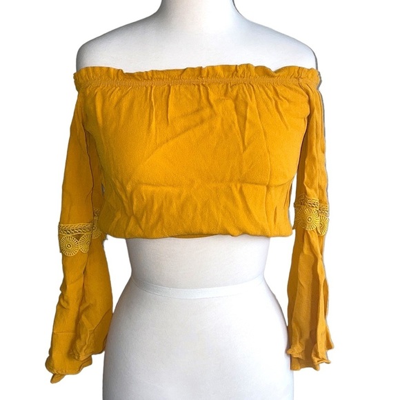 a'gaci Tops - AGACI cropped yellow off the shoulder shirt with bell sleeves women’s size Small